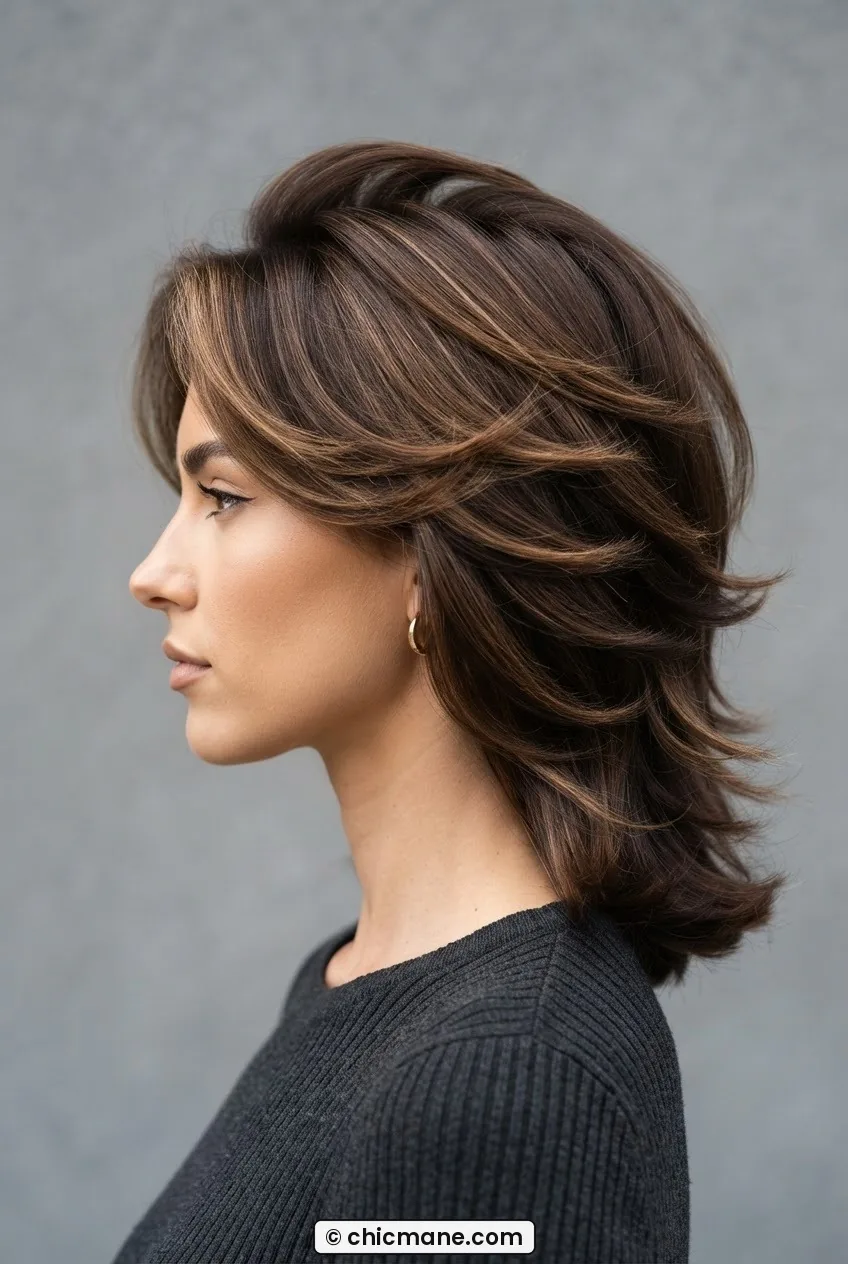 Woman with butterfly cut in chocolate brown, voluminous crown layers creating a winged silhouette against grey backdrop