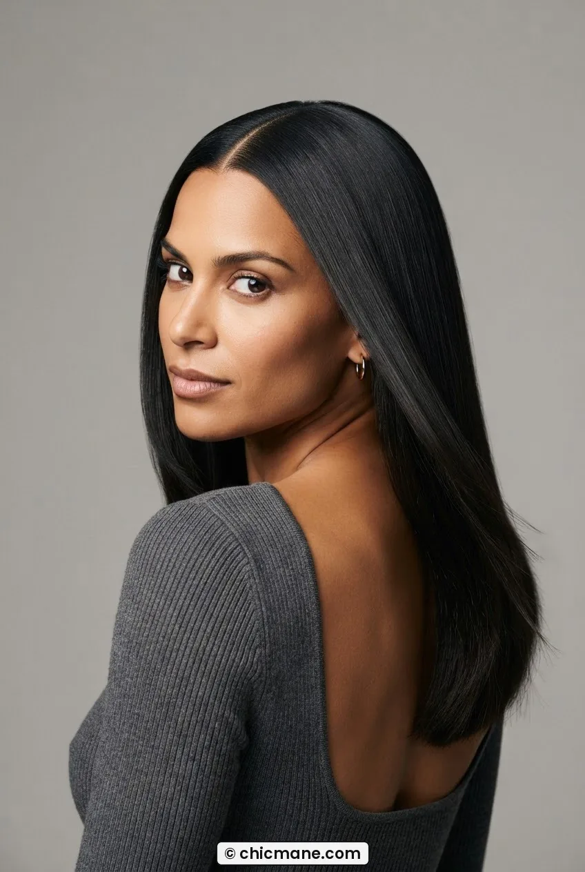 Woman with long dark straight hair parted precisely down the center smoothed into a clean curtain silhouette in studio light