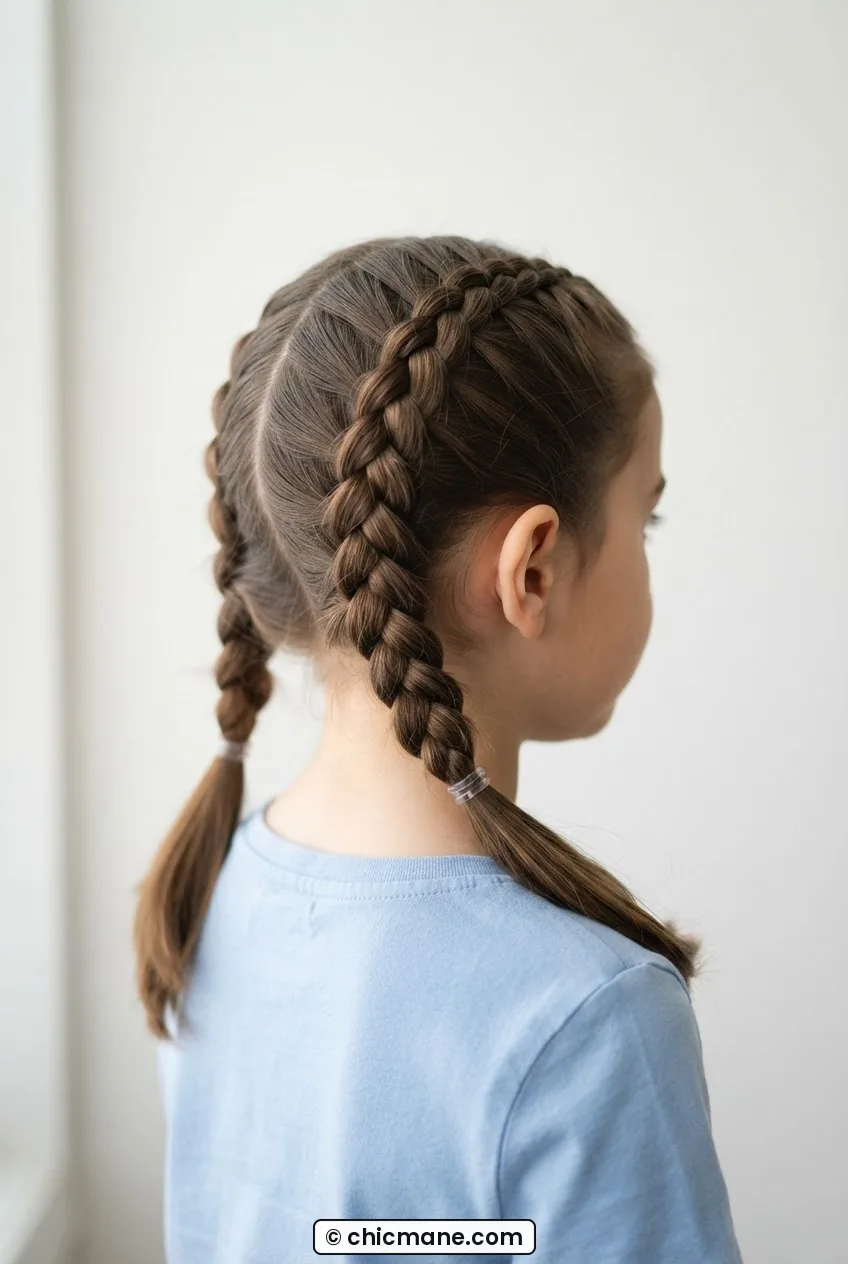 Child with two flat Dutch braid pigtails hugging the scalp and finishing with elastics at the nape