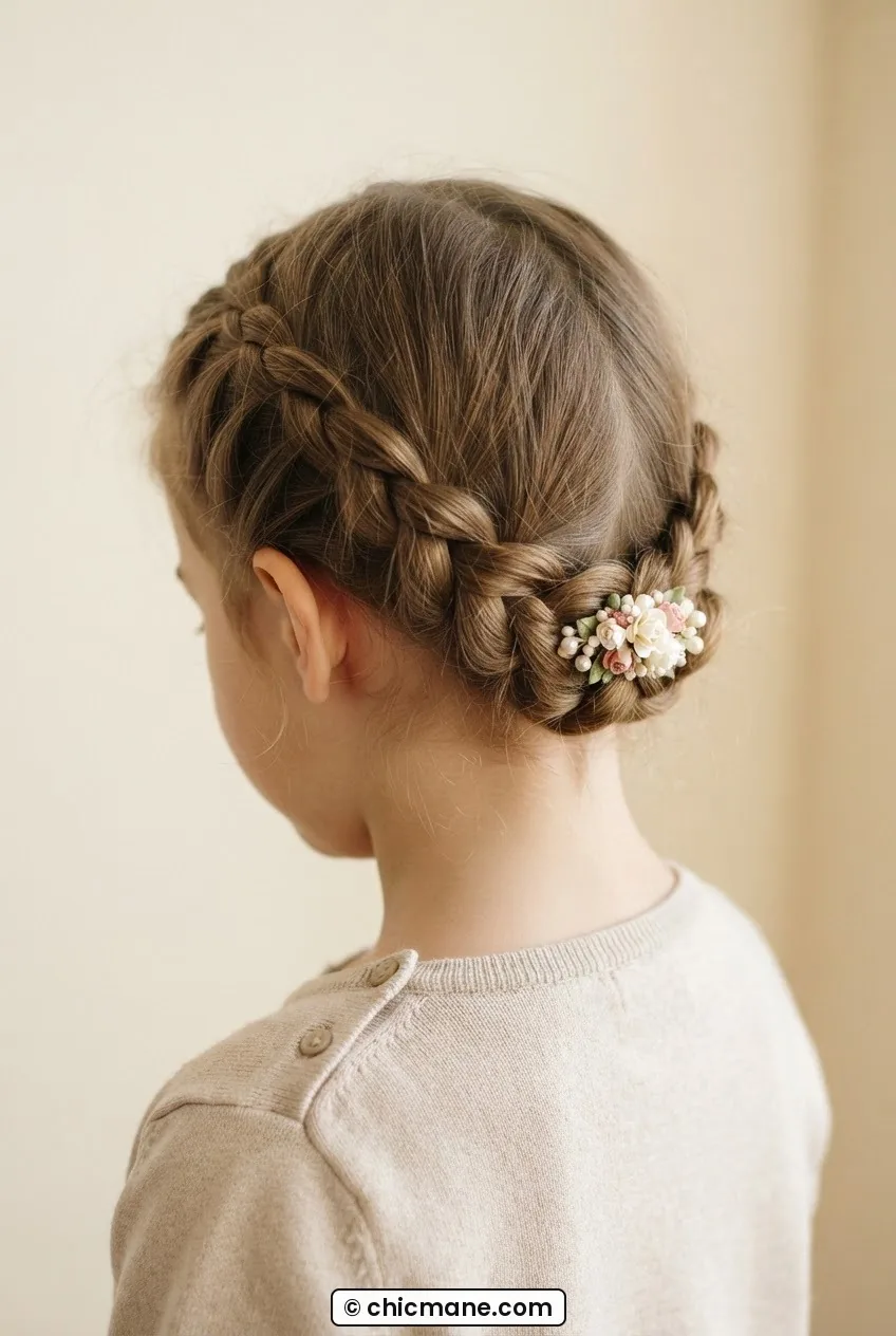 Child with a low crown braid pinned at the nape using a small floral decorative clip in cream-walled setting