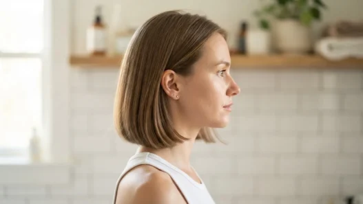 Woman with a chin-length bob seen in side profile in a bright home bathroom before any styling technique is applied