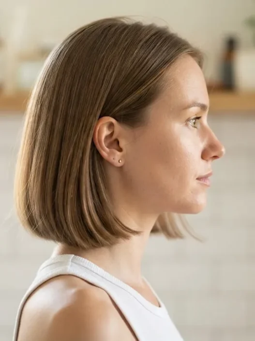 Woman with a chin-length bob seen in side profile in a bright home bathroom before any styling technique is applied