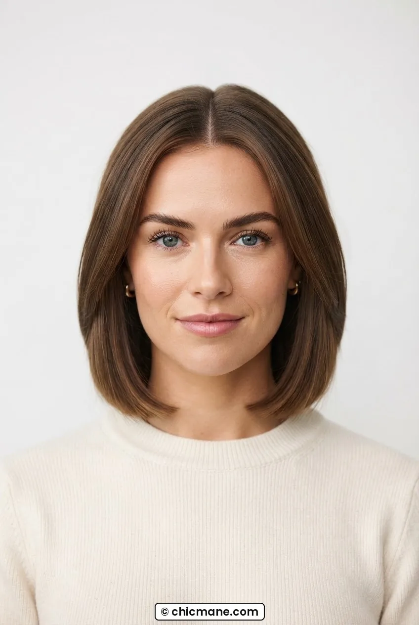 Woman with chin-length lob parted at center forming symmetrical curtain-like frame around face against plain white backdrop