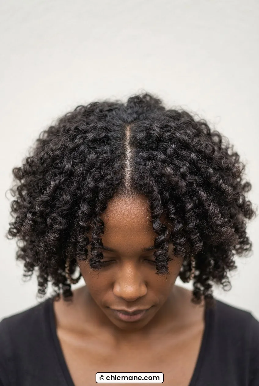 Woman with natural tight ringlets at chin length viewed from above showing curls expanding outward at the jaw for width