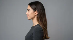 Woman with long chocolate brown hair shown in side profile against grey backdrop with bright even studio lighting