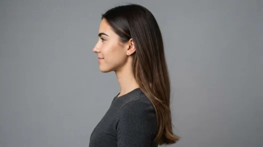 Woman with long chocolate brown hair shown in side profile against grey backdrop with bright even studio lighting