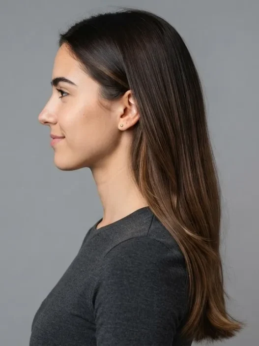 Woman with long chocolate brown hair shown in side profile against grey backdrop with bright even studio lighting