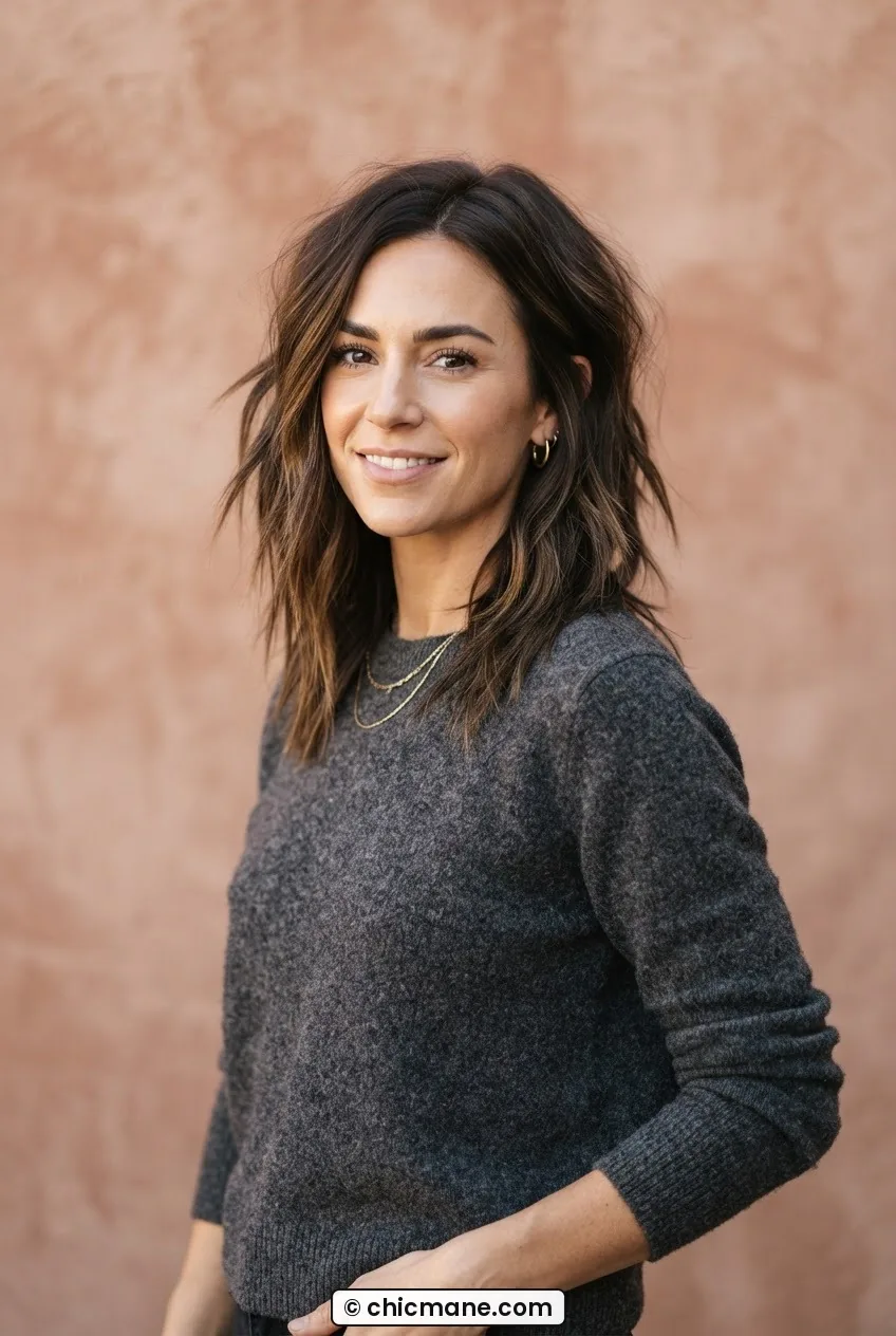 Woman with choppy layered shoulder-length cut showing piecey point-cut ends in directional terracotta-toned light