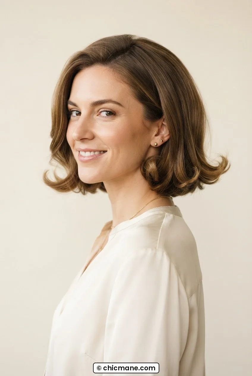 Woman with classic chin-length bob showing outward-curled ends and polished movement against cream backdrop