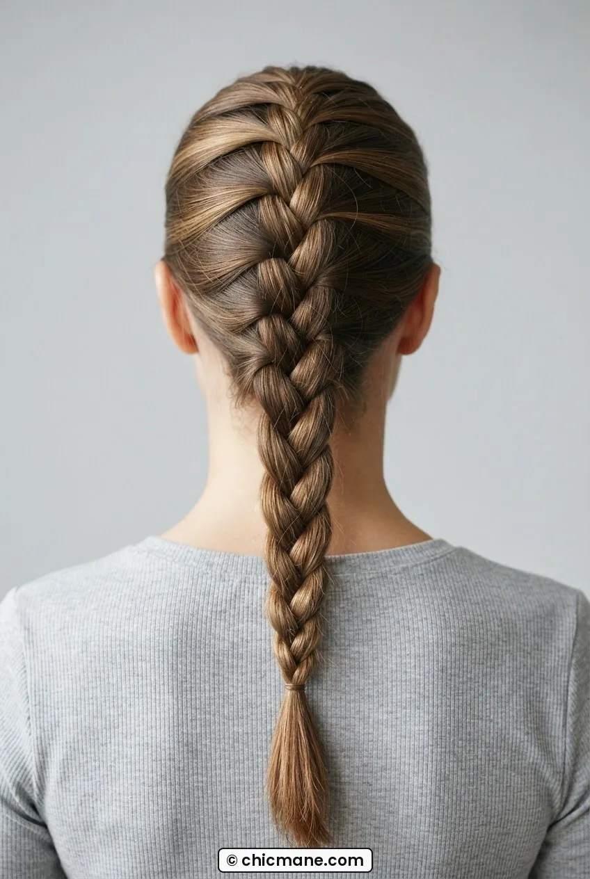 Close back view of a woman with a classic French braid running straight down the center from crown to mid-back, every pickup strand visible