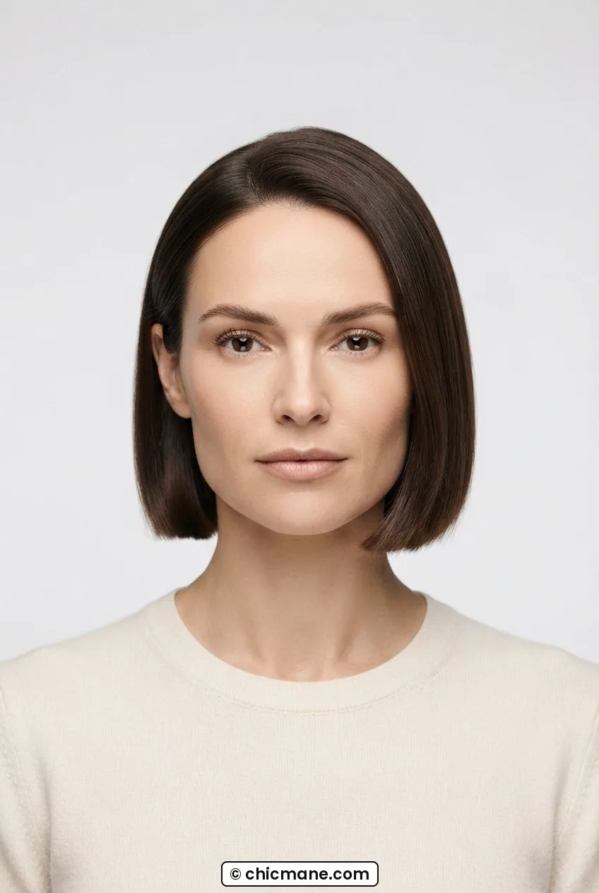 Woman with classic one-length jaw-grazing bob with blunt hemline landing precisely at jawline in even soft box lighting