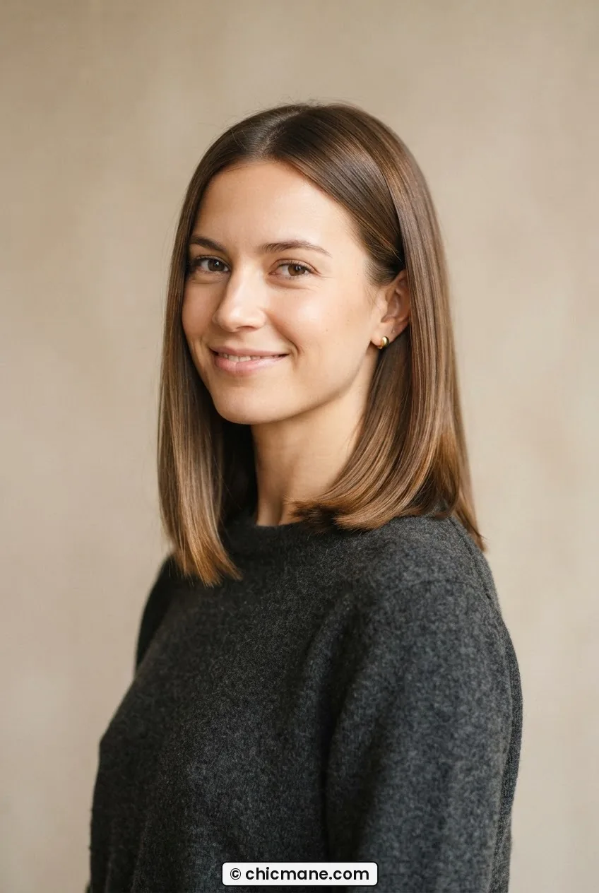 Woman with a classic lob sitting just below the collarbone with minimal layers and blunt ends