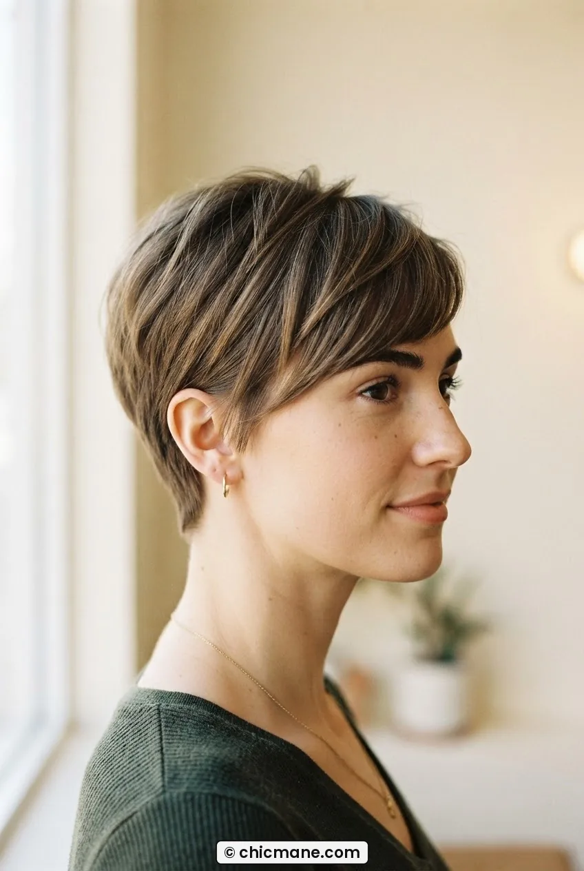 Woman with classic pixie and side-swept fringe falling diagonally across forehead in gentle window light