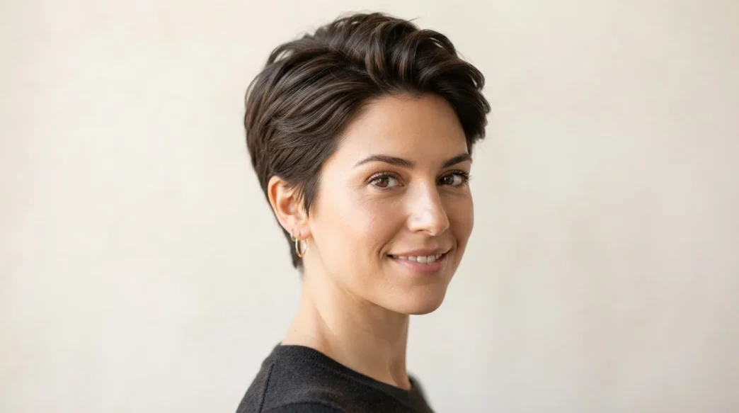 Woman with classic tapered pixie cut against warm white backdrop showing clean taper at sides and volume on top