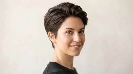 Woman with classic tapered pixie cut against warm white backdrop showing clean taper at sides and volume on top