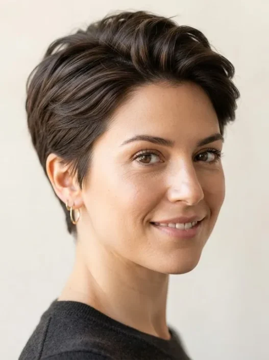 Woman with classic tapered pixie cut against warm white backdrop showing clean taper at sides and volume on top