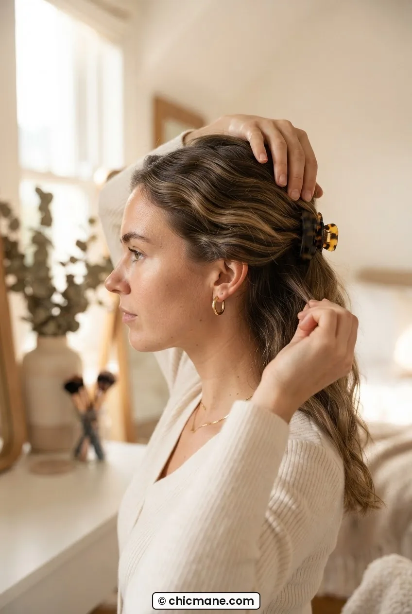 Woman holding claw clip while smoothing crown section for half-up style at dressing table