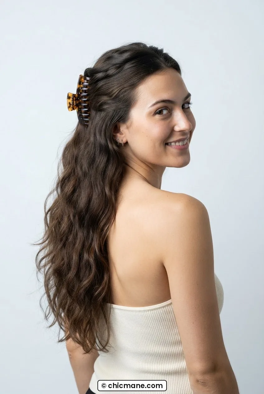 Woman with long hair showing top front section clipped back with oversized tortoiseshell claw clip positioned slightly off-center
