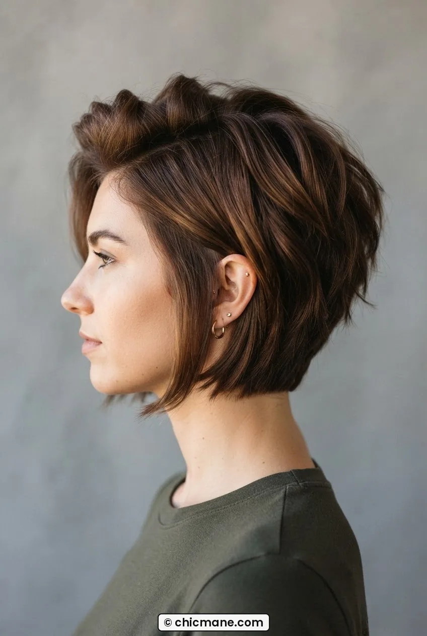 Woman with collarbone-length bixie in chocolate brown, shorter crown layers contrasting longer collarbone pieces