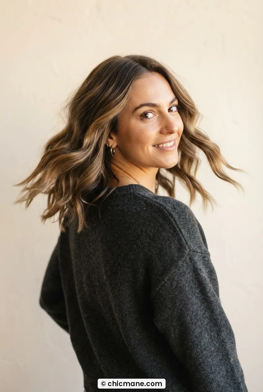 Woman with 2B loose waves in a collarbone lob with invisible layering, soft warm light revealing interior texture