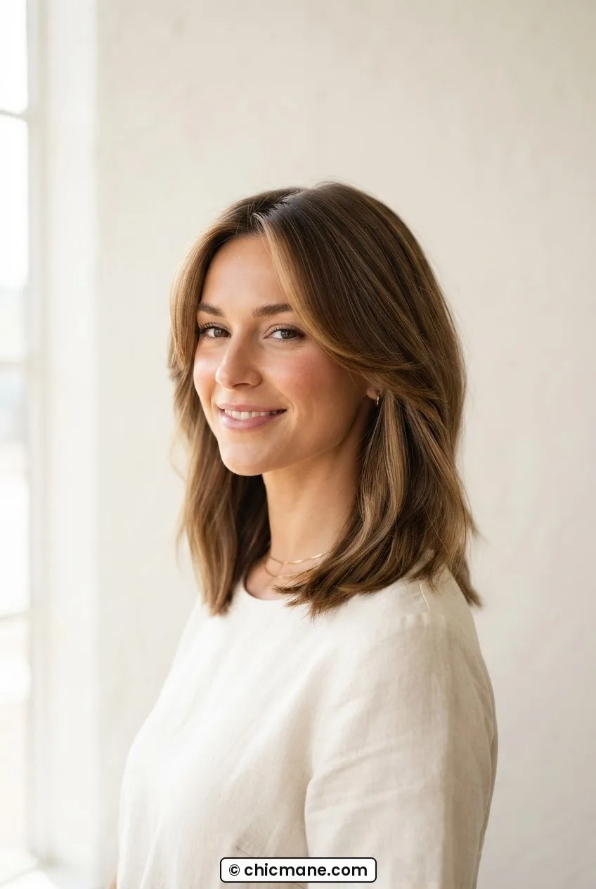 Woman with collarbone lob and face-framing layers showing shorter front pieces against longer back in soft window light