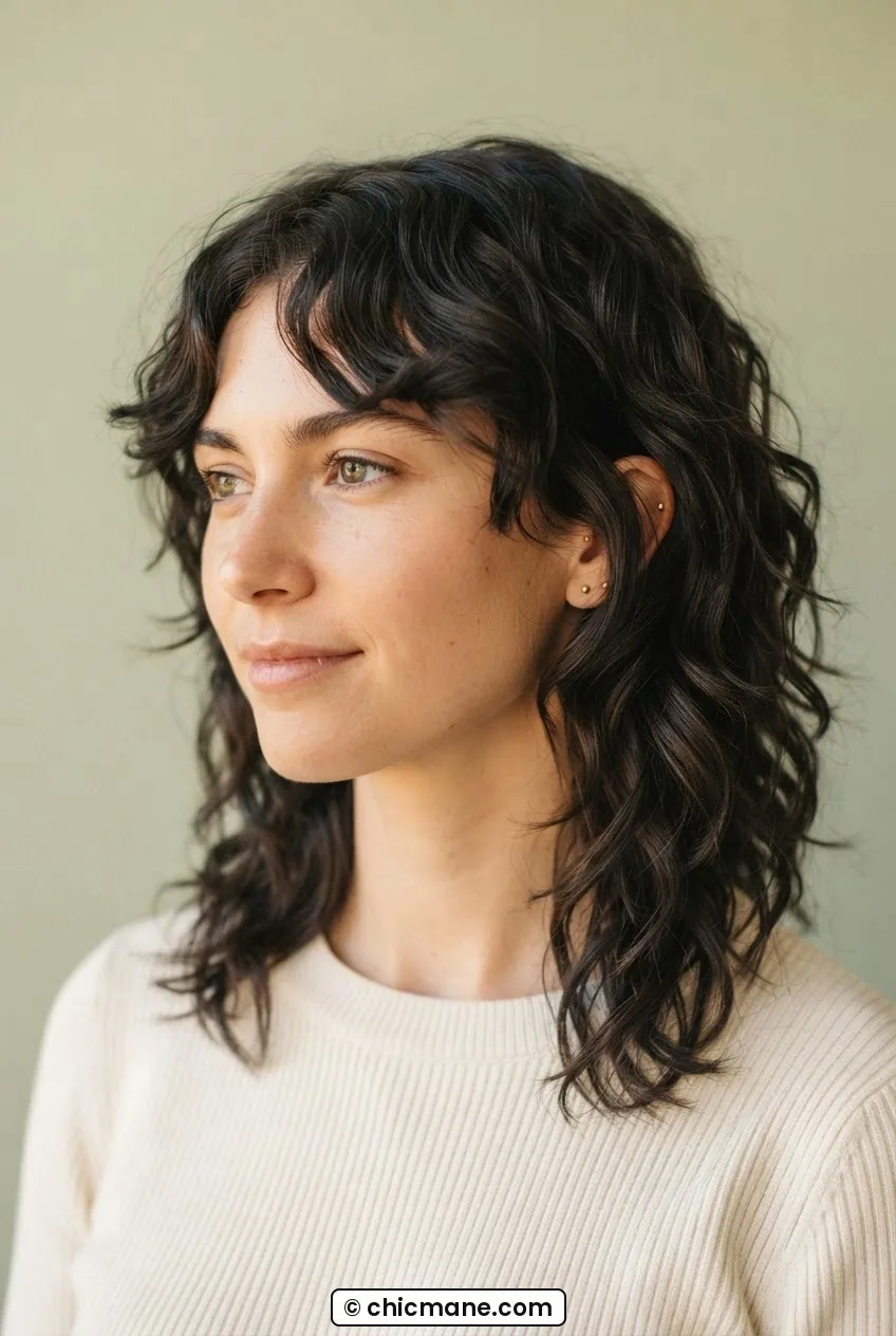 Woman with 2C wavy shag haircut at collarbone length showing interior layers in warm diffused studio light