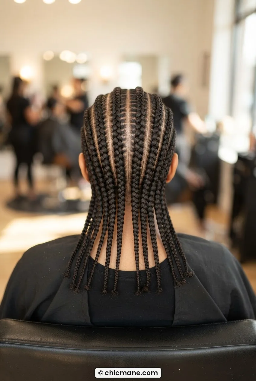 Completed set of evenly spaced cornrows on natural hair running flat from front hairline to nape in bright salon light