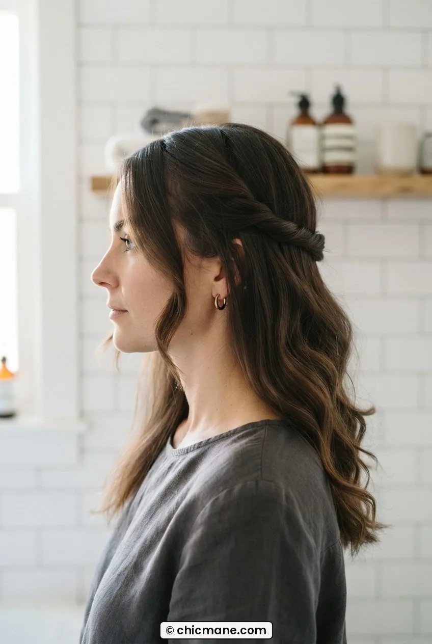 Woman in a home bathroom with the finished textured half-twist style on one side contrasted with unstyled flat hair on the other