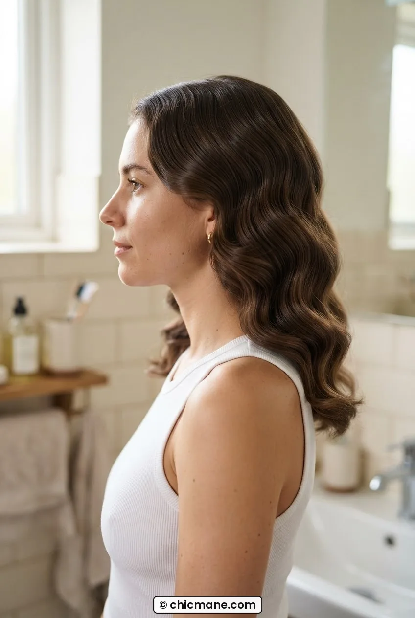 Woman in bathroom with fully completed sectioning map and consistent styled waves on both sides of head