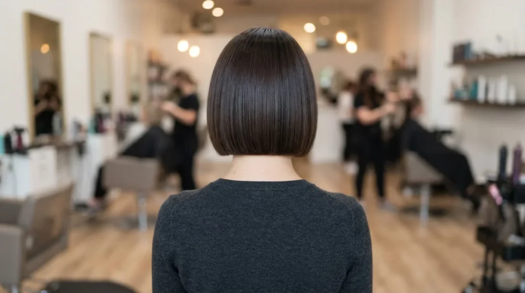 Back view of woman in salon with completed short bob showing sharp horizontal perimeter line across nape, soft even lighting