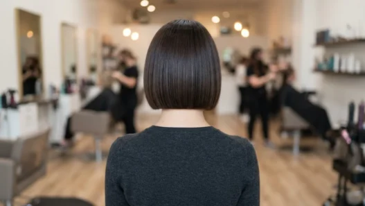 Back view of woman in salon with completed short bob showing sharp horizontal perimeter line across nape, soft even lighting