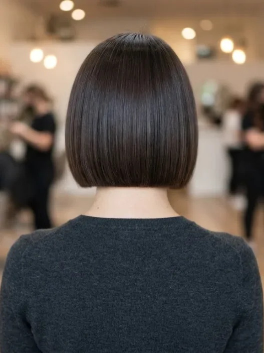 Back view of woman in salon with completed short bob showing sharp horizontal perimeter line across nape, soft even lighting