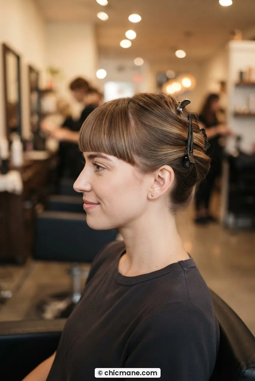 Woman in salon chair with completed blunt fringe styled smooth and curved before rest of hair is released