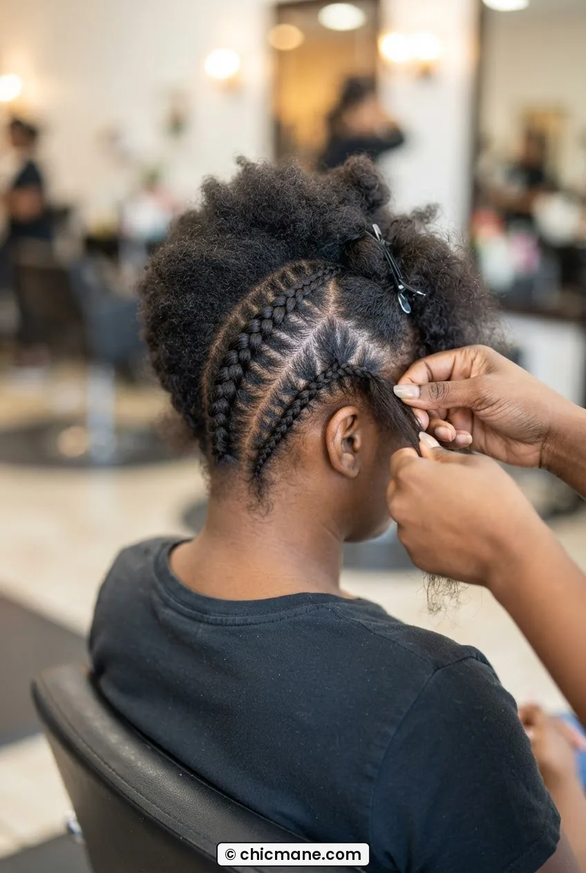 Back view showing one completed cornrow and a second being braided with hand visible feeding hair at a pick point