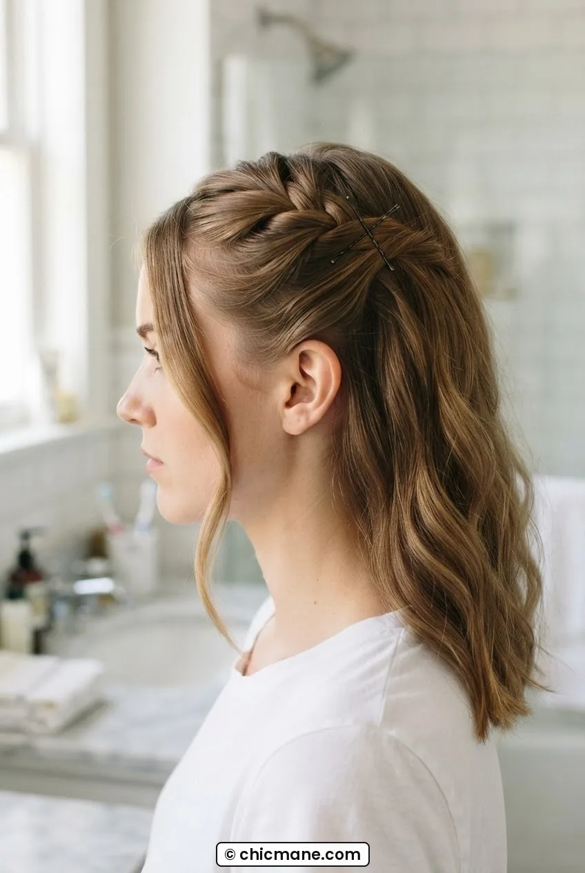 Woman in a bathroom with a small crown section twisted flat and secured with two crossed bobby pins, face-framing piece left loose