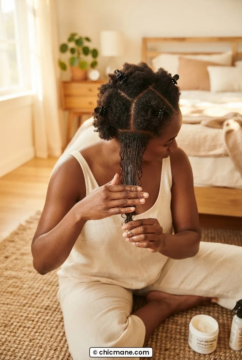 Overhead view of woman smoothing curl cream product through a small natural hair section from root to tip