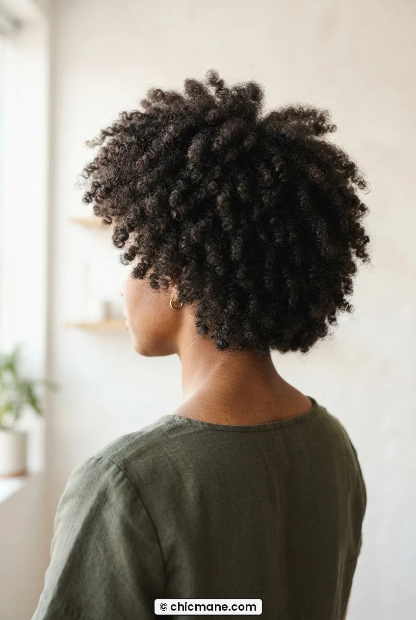 Back view of woman with thick curly hair showing dramatic shrinkage effect with coils sitting close to head
