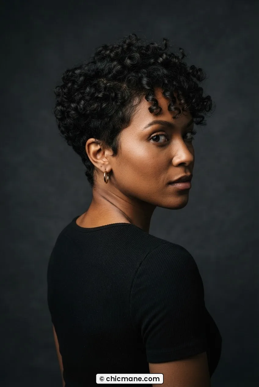 Woman with short curly pixie and 3AB spirals, full crown volume and tapered sides in dramatic side light