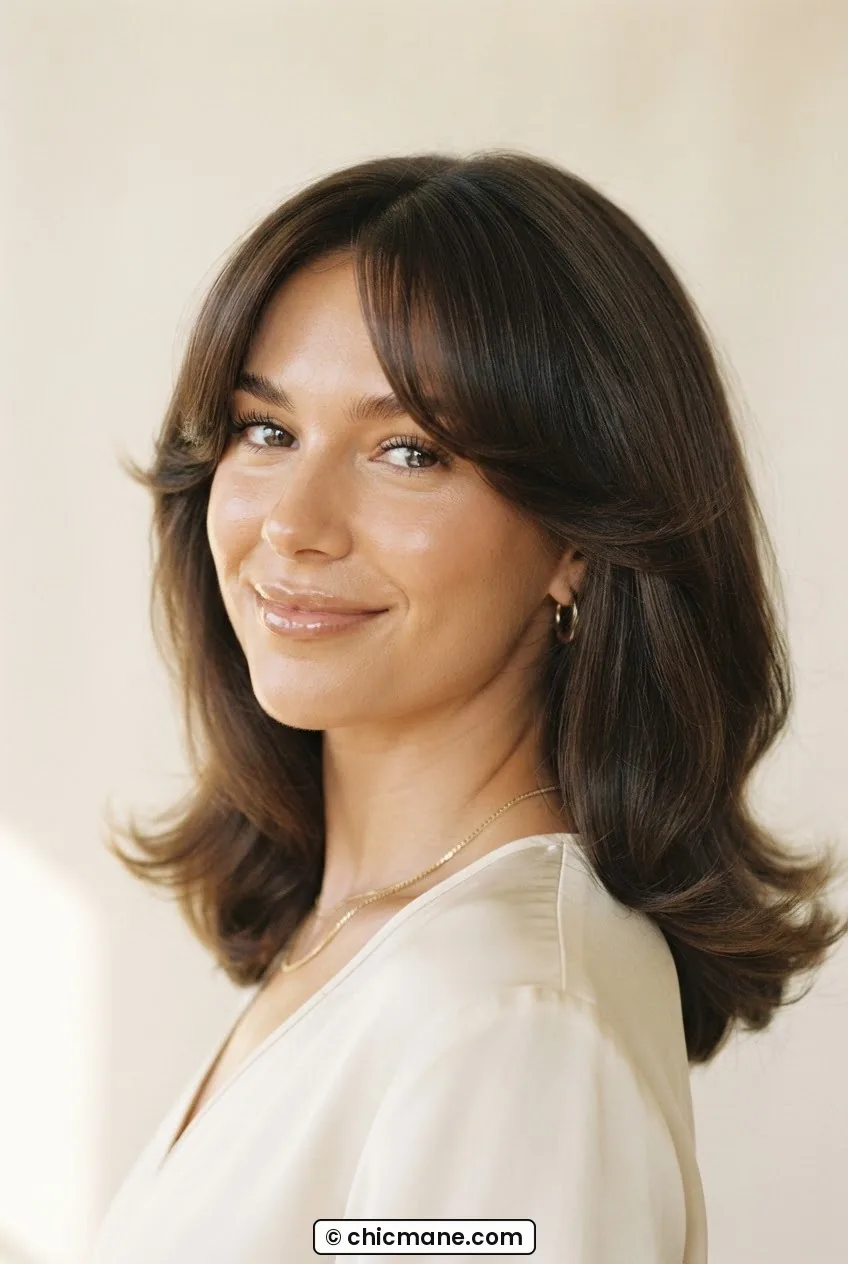 Woman with curtain bangs blown out with a round brush framing the face with voluminous lengths below