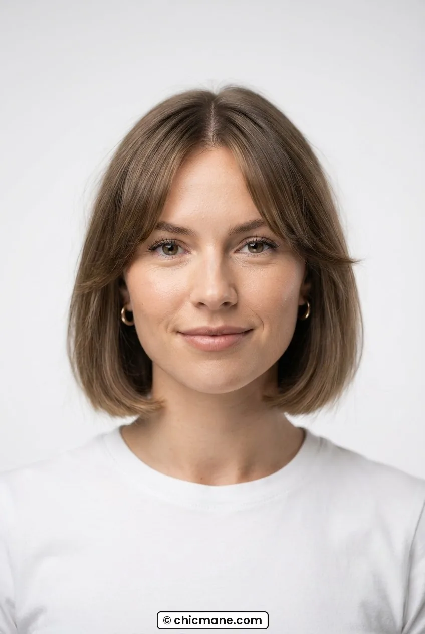 Woman with chin-length bob and center-parted curtain bangs blending into the sides of the hair