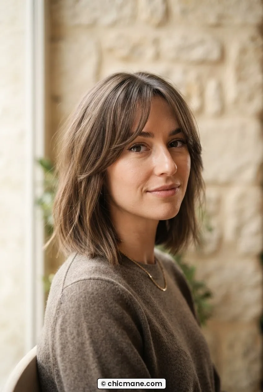 Woman with curtain bang collarbone cut showing center-parted fringe and layered length in warm side-lit studio