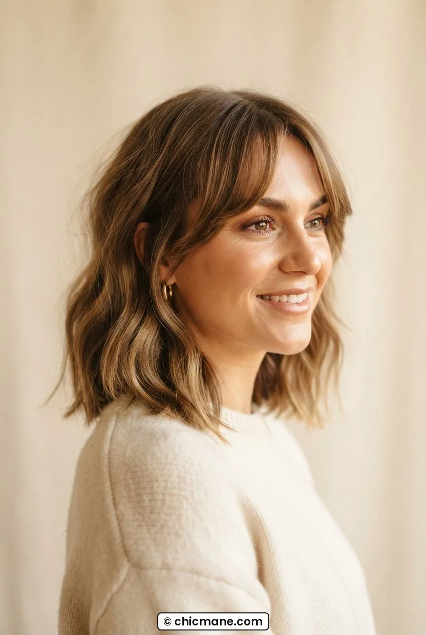 Woman with a collarbone lob and long center-parted curtain bangs sweeping away from the face