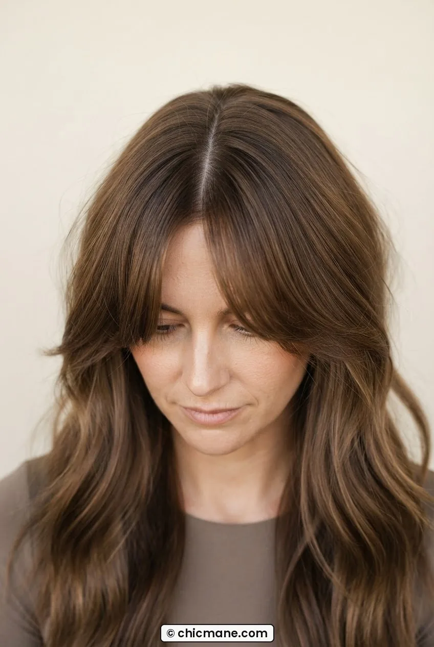 Woman with soft curtain bangs and center part seen from above showing bangs fanning out to cheekbone level in long layers