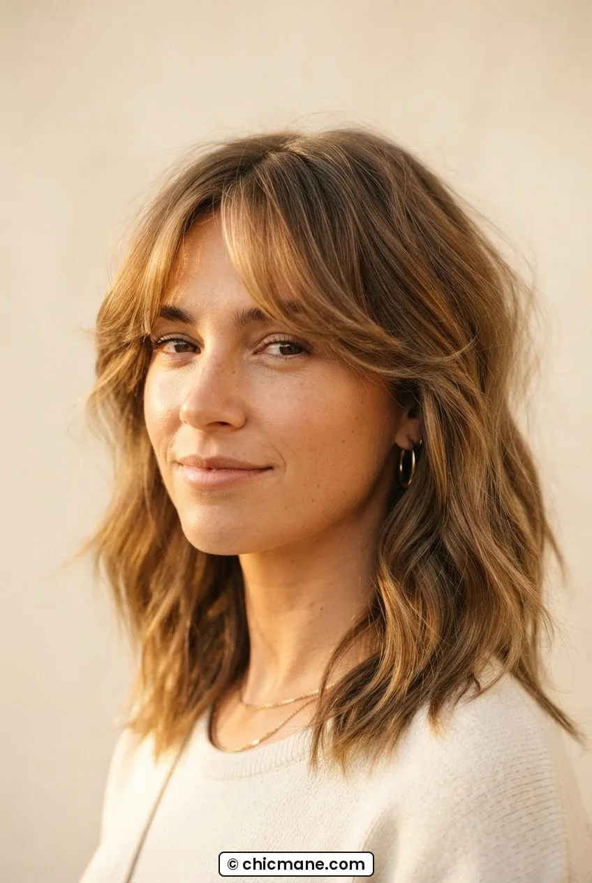 Woman with soft curtain bangs sweeping outward, golden side light picking out the lift at the root, lob length below