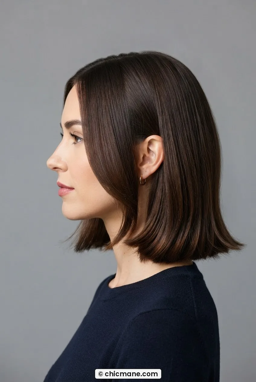 Woman with one-length curtain bob in deep chocolate brown, centre-parted panels falling to just below chin