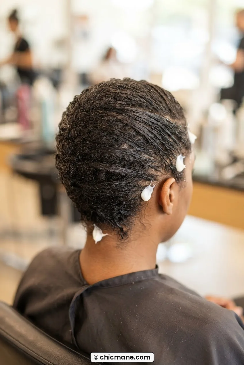 Back view of damp natural hair lying flat showing growth direction with small white conditioner dots marking pattern boundaries on scalp