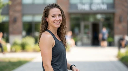 Woman outside gym with slightly damp hair pushed back from face in bright open daylight