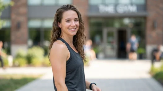 Woman outside gym with slightly damp hair pushed back from face in bright open daylight