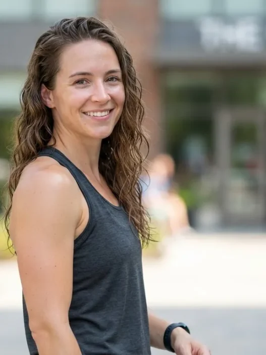 Woman outside gym with slightly damp hair pushed back from face in bright open daylight