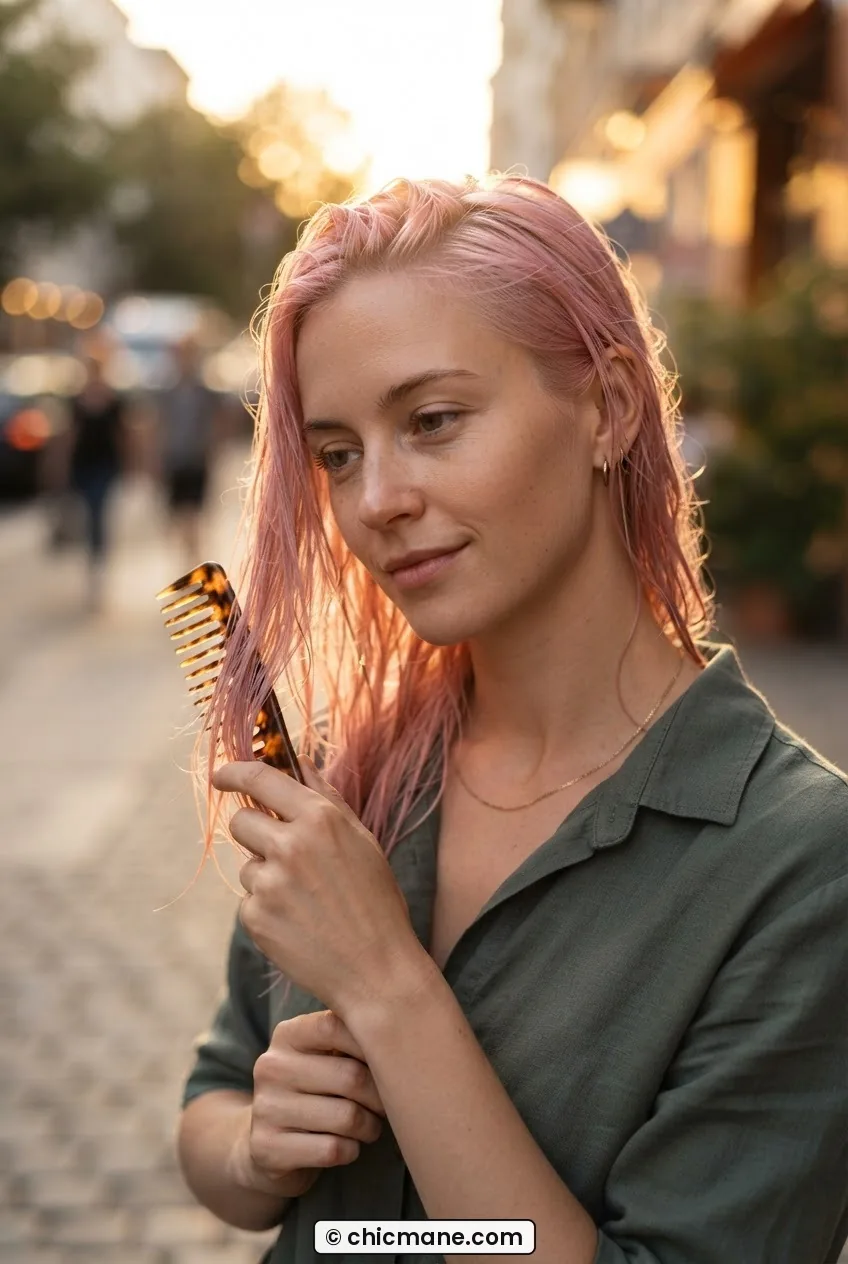 Woman gently combing damp pink hair in sections with a wide-tooth comb outdoors at golden hour